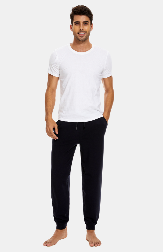 Men's Black Bamboo Jogger Pants paired with a White Bamboo Tee. S-4XL.