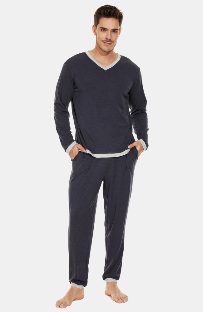 Men's winter-weight Bamboo Pyjamas in Navy with Grey trim, S-4XL