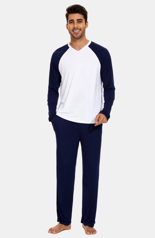 Men's Long Sleeve Bamboo PJs. Navy and White. S-4XL.