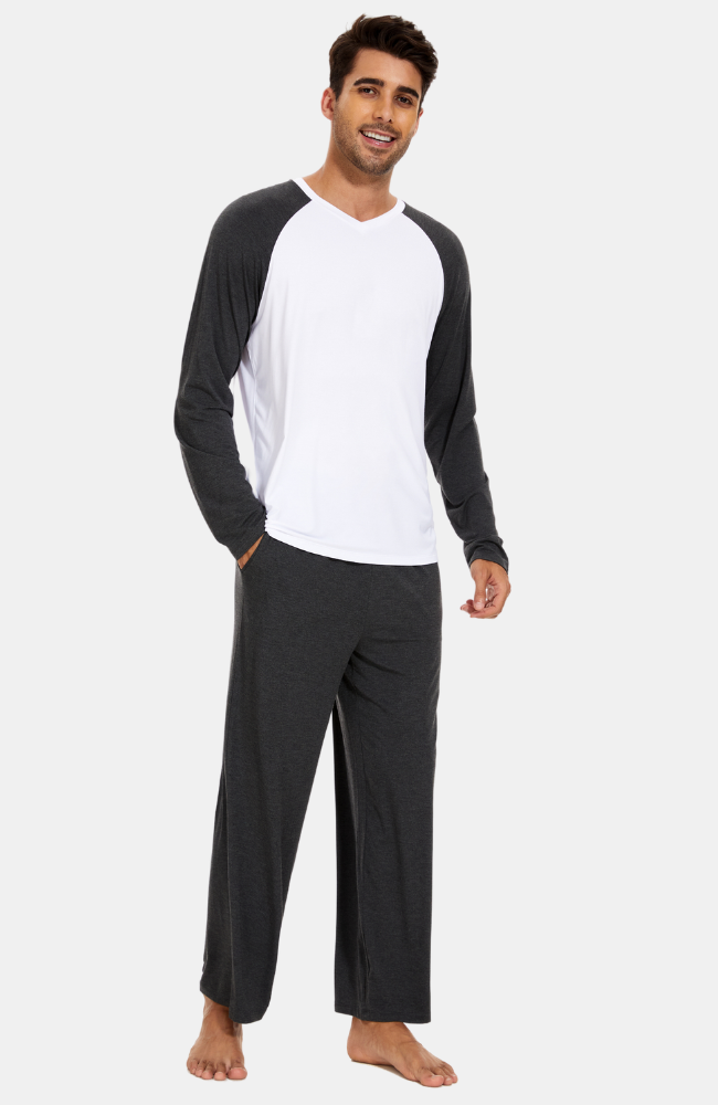 Men's Comfy Long Sleeve Bamboo PJs. Charcoal and White. S-4XL. Loose Fit.