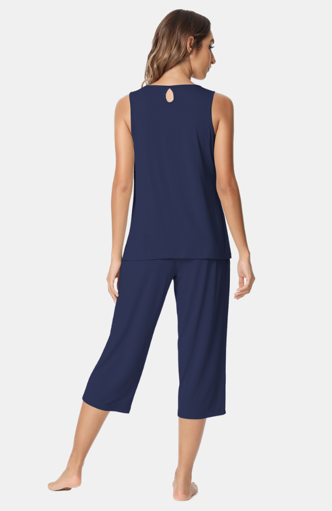 Ladies soft and comfy sleeveless bamboo capri pyjamas. Navy XS-4XL. Back.