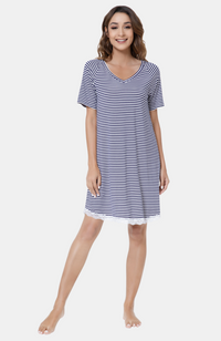 Soft bamboo striped t-shirt nightie with white lace trim. V Neck, S-4XL.