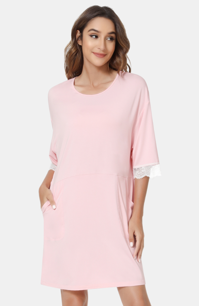 Mid Sleeve Bamboo Nightie with Lace Trim - Pink.
