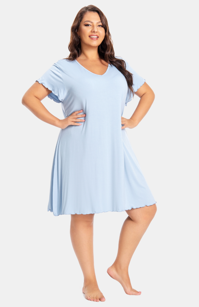Powder Blue Bamboo V-Neck Frill Nightie. XS-4XL. Plus Sizes.
