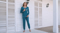 VIDEO: Bamboo Long Sleeve PJs. Peacock Green with striped cuffs. XS-4XL,