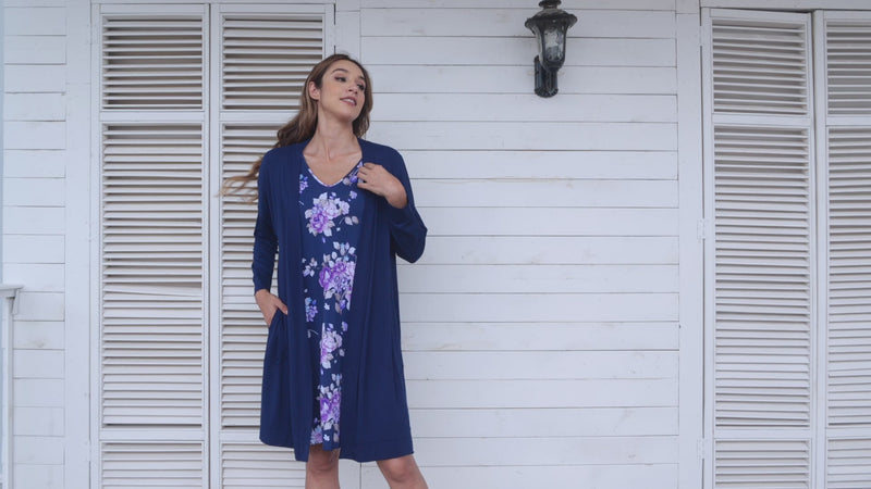 VIDEO: Bamboo Sleep Cardigan in Navy with Navy Floral Frill Nightie