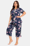 Bamboo Capri PJs. Navy with Floral Print and White Trim. XS-4XL, Curve Sizes.