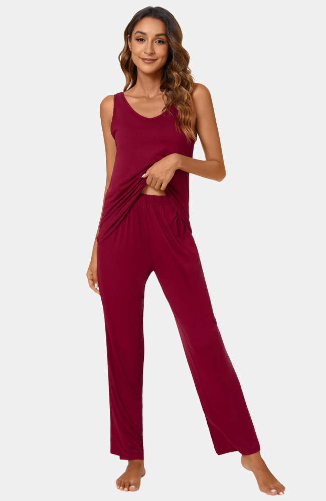 Sleeveless Bamboo PJs with long comfy pants. Red S-4XL.