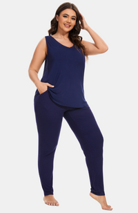 Ladies curve/plus size ribbed bamboo jogger pants with pockets. Navy. S-4XL