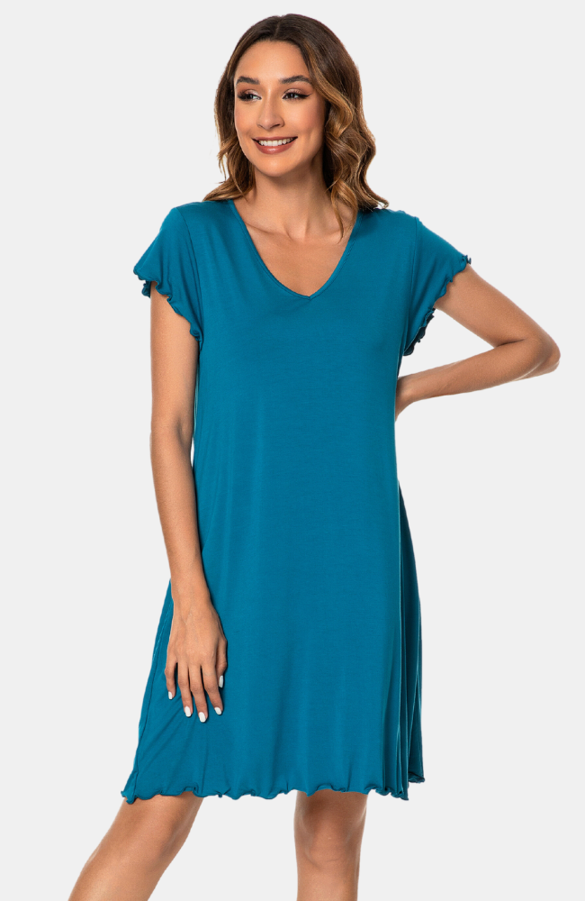 Turquoise Bamboo V-Neck Frill Nightie. XS-4XL
