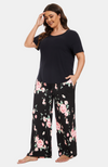 Wide leg bamboo PJ/Lounge pants. Curve and plus sizes. Black with floral print. S-4XL.