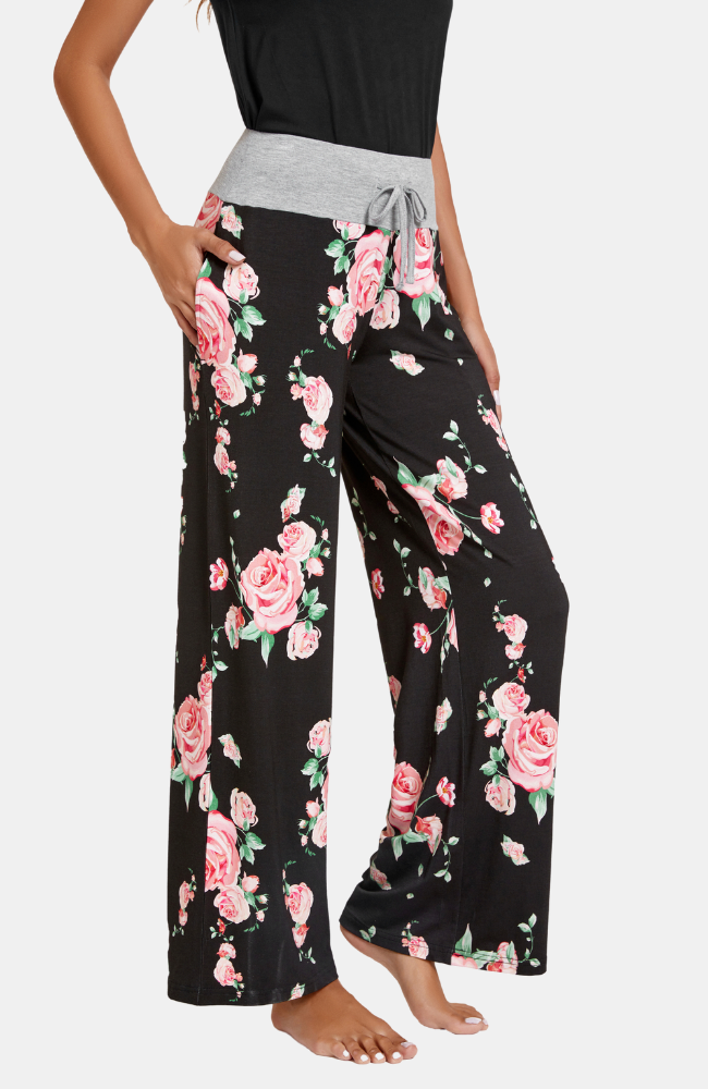 Wide leg bamboo pyjamas pants. Black with floral print. S-4XL.
