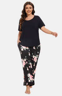 Wide leg bamboo PJ/Lounge pants with pockets. Black with floral print. Curve S-4XL.
