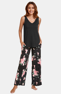 Wide leg bamboo PJ/Lounge pants with pockets. Black with floral print. S-4XL.