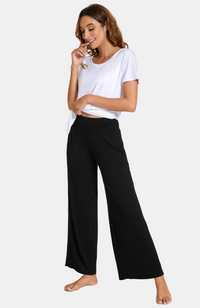 Black Wide Leg Bamboo Pocket Pants. Soft, wide waistband.XS-4XL.