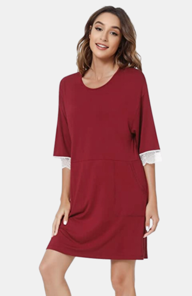 Mid Sleeve Bamboo Nightie with Lace - Wine.