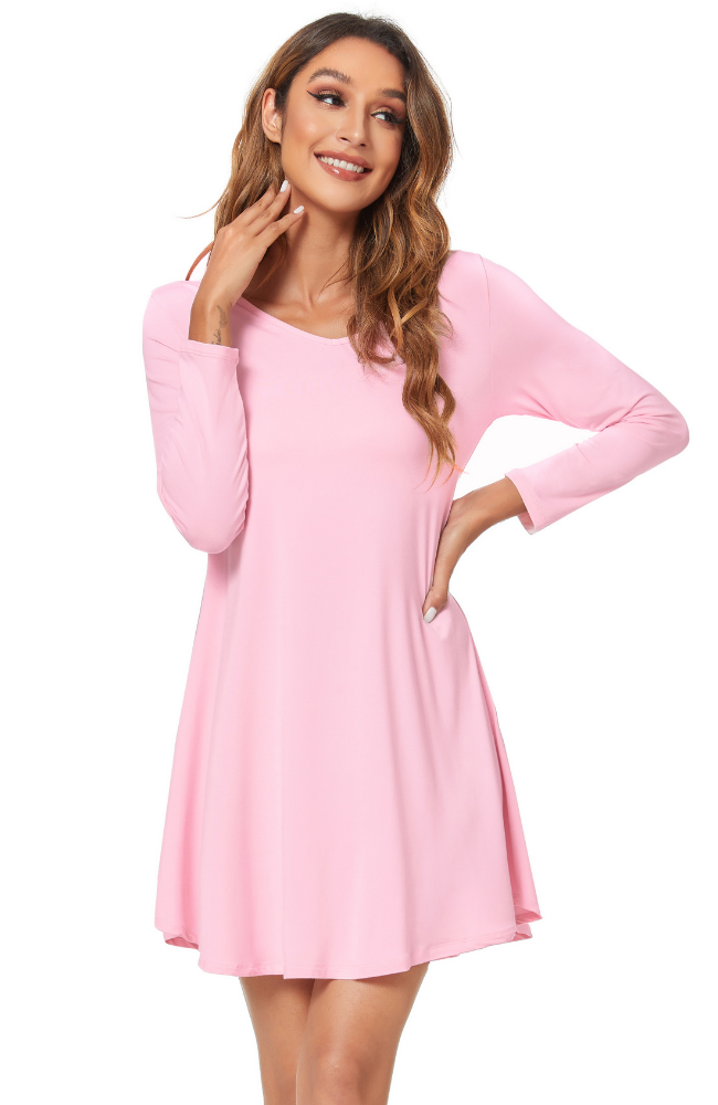 Long Sleeve Bamboo Nightie in Soft Pink, S-4XL