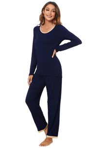 Long sleeve bamboo winter PJs: Navy with Gold Trim