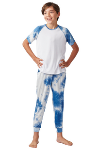 Boys blue tie-dye bamboo pyjamas. Raglan style t-shirt with long pants