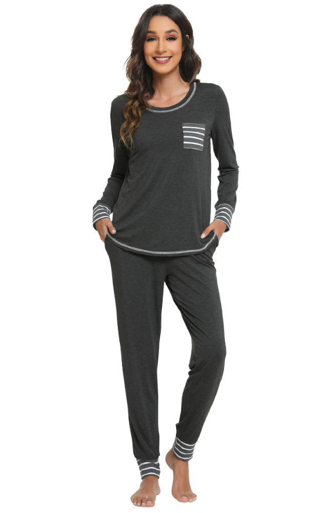 Charcoal Grey Bamboo Winter PJs with Pockets and Striped Trim. S-4XL.