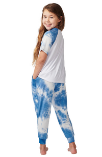 Girls blue tie-dye bamboo pyjamas. T-shirt with long pants