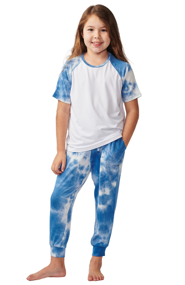Girls blue tie-dye bamboo pyjamas. Raglan style t-shirt with long pants