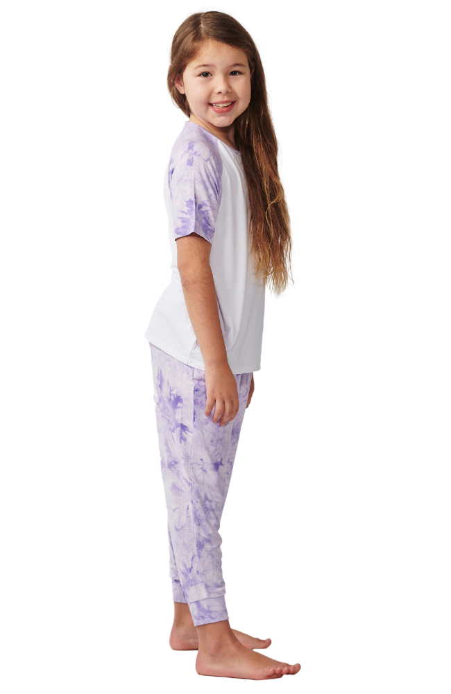 Girls purple tie-dye bamboo pyjamas. Raglan T-shirt with long pants