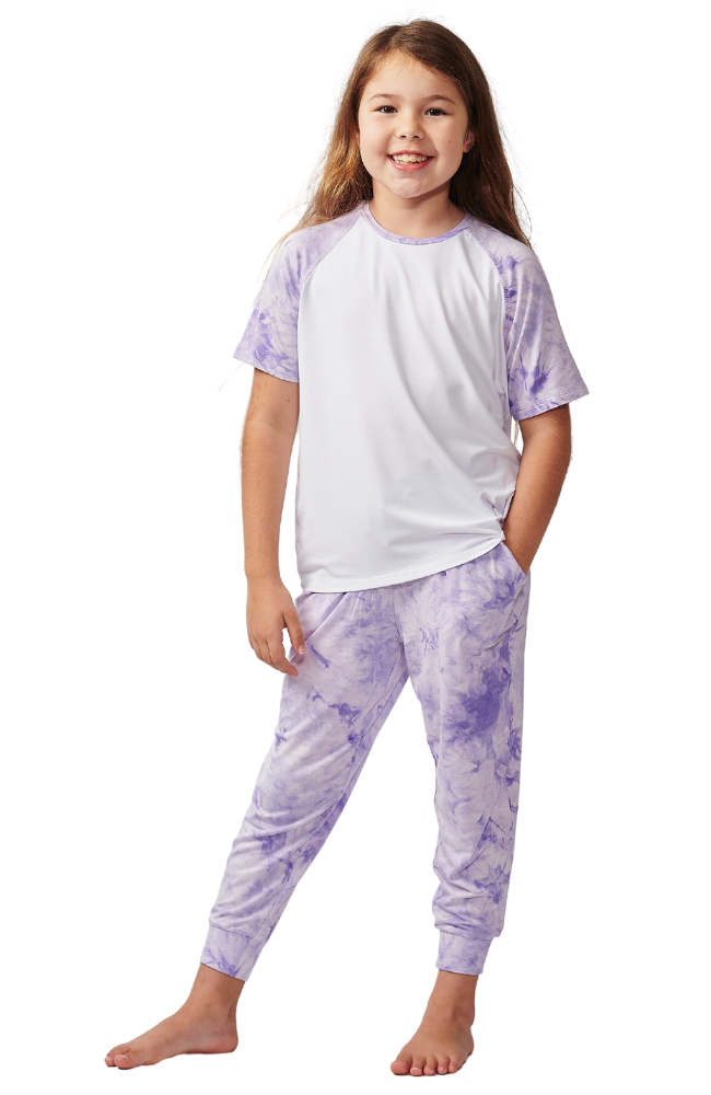 Girls purple tie-dye bamboo PJs. T-shirt with long pants