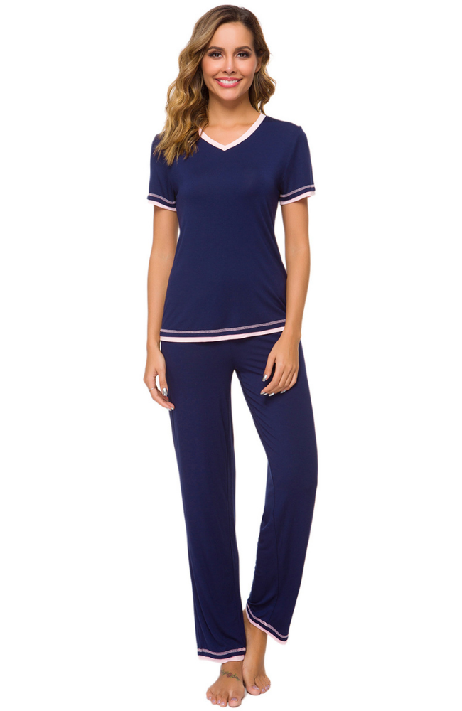 Ladies Navy Bamboo Pyjamas: T-Shirt & Long Pants