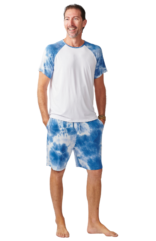 Men's Bamboo T-Shirt Pyjamas with Blue Tie-Dye Pattern. Men's S-4XL.